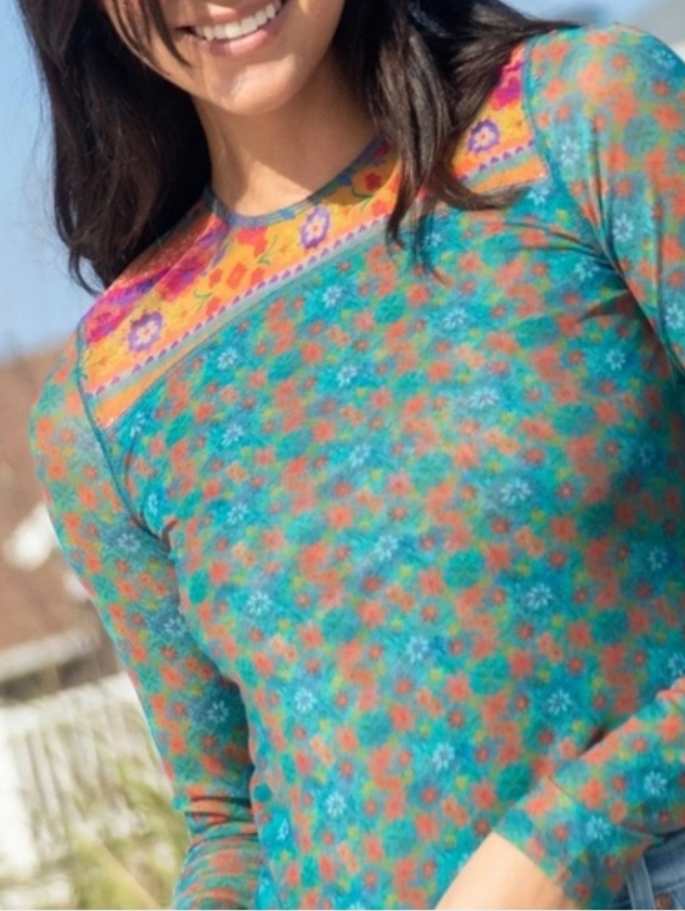 NATURAL LIFE Turquoise Sloane Mesh Long Sleeve Pullover Boho Size Large